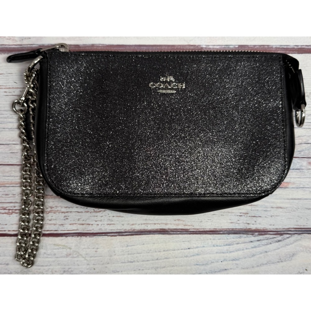 Coach Nolita 19 Black Glitter Leather Wristlet Chain Bag Silver Hardware